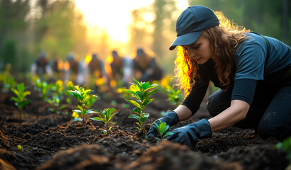 Wall Mural - A woman is planting a seedling in a field. Concept of hard work and dedication to the task at hand