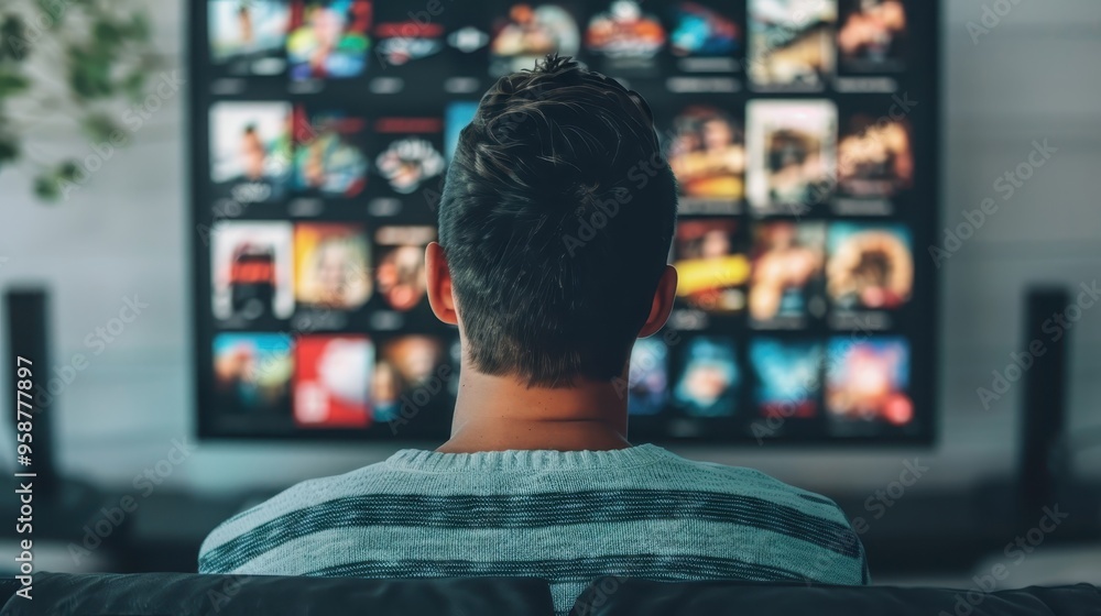 Streaming Man Man watching streaming service on television at home, exploring various ...