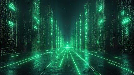 Wall Mural - abstract cyber backgroun with green neon fluorescent lines glowing virtual reality matrix digital hi