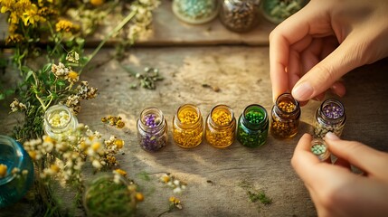 Wall Mural - Herbal Remedies: A close-up shot of hands carefully filling small glass bottles with colorful dried herbs, evoking a sense of natural healing and handcrafted remedies. The rustic wooden background add