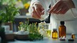 © Auttacha - A detailed shot of a homeopathic practitioner carefully preparing alternative medicine from plant-based ingredients, focusing on the precision of the dilution process and natural healing.
