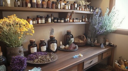 Wall Mural - A holistic health treatment room featuring healing herbs, homeopathic tinctures, and energy healing crystals, representing the integration of natural care and wellness practices in alternative 