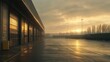 © Thanachart - Serene industrial landscape at sunset with reflective wet ground and cargo area, creating a tranquil and moody atmosphere.