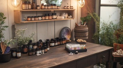 Wall Mural - A peaceful wellness space filled with homeopathic remedies, energy healing tools, and herbal medicine, representing the connection between holistic health and the natural healing process. 