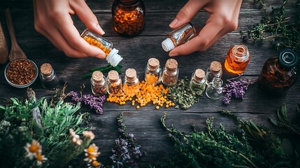 Wall Mural - A practitioner blending natural ingredients into a homeopathic remedy, with small vials, herbal medicine, and energy healing crystals laid out on a table, showcasing the art of holistic health. 