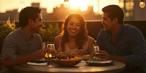 Three Hispanic Friends, two men and a woman, sitting on a rooftop patio, enjoying a shared meal and lively conversation.