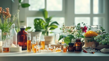 Wall Mural - A table filled with complementary medicine products such as homeopathic drops, herbal extracts, and small vials of natural remedies, representing the holistic approach to health and wellness. 