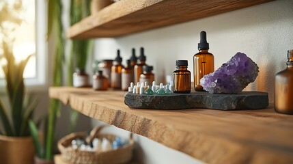 Wall Mural - A tranquil scene of a wellness clinic with homeopathic remedies, energy healing crystals, and organic treatments neatly arranged on wooden shelves, creating a calming atmosphere for holistic 