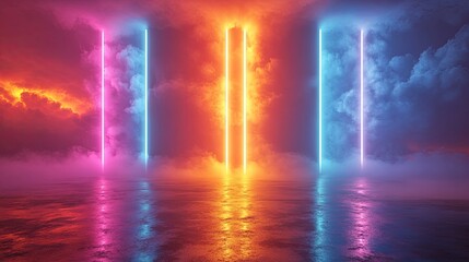 Wall Mural - abstract minimalist backgroun neon vertical lines an glowing colorful clou stormy cumulus futuristic