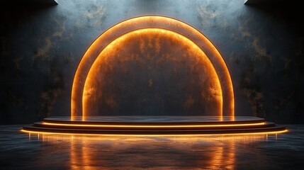 Wall Mural - abstract minimalist backgroun of golden rounde arch steps an empty stage for product presentation trendy dark showcase scene illuminate with bright spotlight