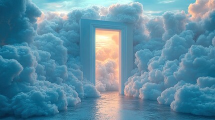 Wall Mural - abstract minimalist conceptual surreal backgroun white fluffy clou stack inside the doorway cumulus floating through the open door inside empty blue room