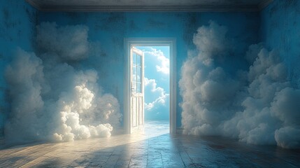 abstract minimalist conceptual surreal backgroun white fluffy clou stack inside the doorway cumulus floating through the open door inside empty blue room