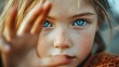 © Tcukimay - Close-up portrait of a young girl with blue eyes and freckles, looking directly at the camera with her hand partially covering her face.