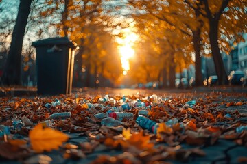 Poster - Plastic Bottles and Fall Leaves Scattered on a Street Under a Blurry Sunset