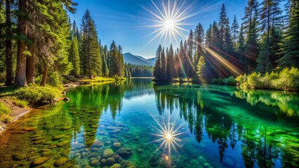 Wall Mural - Vibrant sparks of sunlight dance upon the calm, crystal-clear waters of a serene lake, surrounded by lush greenery