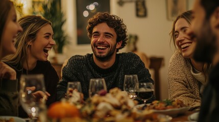 A group of friends from different cultural backgrounds laughing and enjoying a game of charades after a Thanksgiving feast in a home with a festive atmosphere