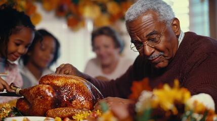 Wall Mural - Elderly African American man carving a Thanksgiving turkey while his family watches with anticipation at a beautifully set table filled with fall decorations