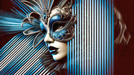 Wall Mural - A mysterious woman in an ornate blue mask with feathers and intricate designs peers through striped blinds, creating a surreal, elegant atmosphere.