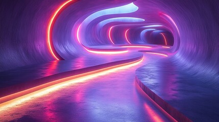 Wall Mural - abstract neon backgroun dynamic lines glowing in the dark with floor reflection folde colorful ribbon