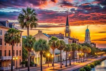 Wall Mural - Vibrant sunset casts a warm glow on the modern Charleston, South Carolina skyline, featuring historic architecture and