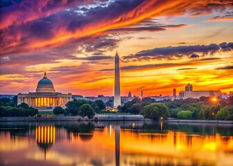 Wall Mural - Vibrant sunset casts a warm glow over the majestic Washington D.C. skyline, featuring iconic monuments and towering