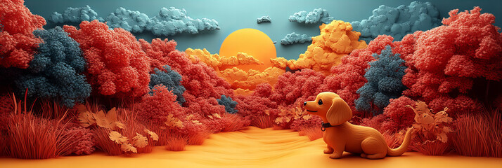 Dreamy Sunset Forest with Orange Dog, Warm and Whimsical Scene, Artistic Soft Trees, Vibrant Red and Blue Colors, Serene and Playful Mood