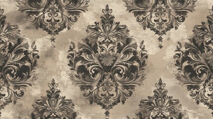 Digital rendering of a traditional damask pattern in muted, elegant tones. The intricate details and timeless design make it ideal for classic wallpaper or sophisticated fabrics.