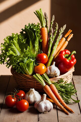 Wall Mural - still life composition featuring an assortment of colorful vegetables arranged artfully in a woven basket or on a rustic wooden table, with varying shapes, sizes, and textures