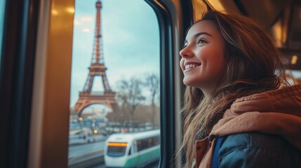 Wall Mural - Traveler gazing at the Eiffel Tower from a Paris metro window, happy French visitor