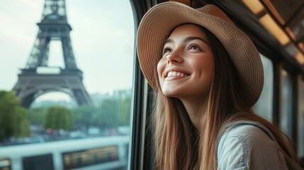 Traveler gazing at the Eiffel Tower from a Paris metro window, happy French visitor