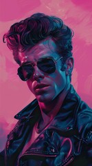 Wall Mural - A man in a leather jacket and sunglasses, with a blue and pink neon glow.