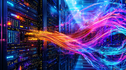 Poster - Telecommunication Ethernet Cables Connected to Internet. server room with vibrant neon data streams, symbolizing high-tech connectivity and speed.