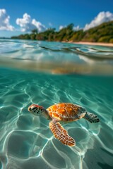 A sea turtle is gracefully swimming in the vast ocean near a beautiful beach