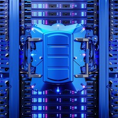 Close-up of a blue server rack illuminated with LED lights, showcasing modern data storage and technology infrastructure.