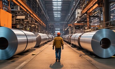 A worker in a hard hat walks down an aisle of large rolls of metal in a manufacturing plant.