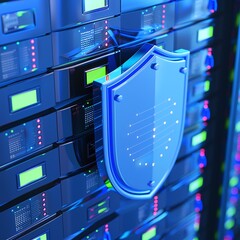 Wall Mural - Close-up of data servers with a blue shield icon symbolizing cybersecurity and data protection in a modern data center.