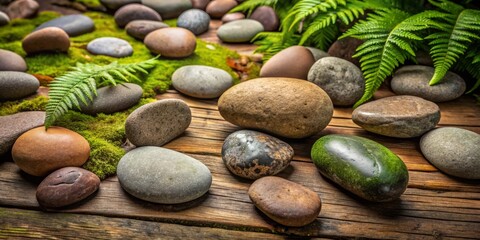 Weathered, smooth stones of varied earthy tones scattered on a worn wooden tabletop, surrounded by moss and ferns,