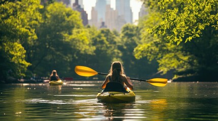 A woman kayaking in water in river with background of city skyscrapers