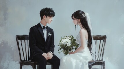 Chinese couple, boy in black suit with white shirt, wearing bow tie, long haired girl in white dress, sitting on long back chairs with each other, girl holding a bouquet of flowers