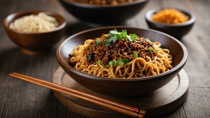 Wall Mural - chinese sichuan cuisine dish dan dan noodles isolated on an aesthetic plating, concept for advertisement background