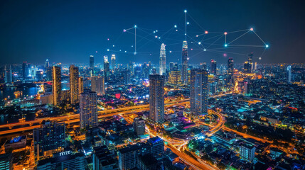 Wall Mural - Banner smart city dot point connect with gradient line, connection technology metaverse concept. Bangkok city background at night with big data in Thailand, Panorama view