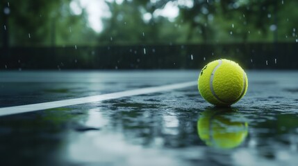 A vibrant yellow ball bounces on a wet court as raindrops softly fall, creating ripples in the puddles gathered on the surface during the afternoon light