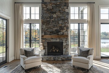 Tall stone fireplace in large New England farmhouse living room, with two white armchairs, natural light, and soft shadows, architectural digest photography.