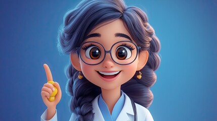 cartoon character caucasian woman doctor wears glasses an uniform finger pointing up medical clip art isolate on blue violet backgroun health care advice medical science