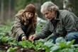 © Yuliia - heartfelt image of two people, likely family members, working together in a garden, carefully tending to young plants. The scene captures a connection to nature, sustainable living