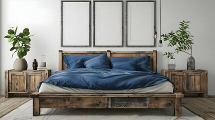 Rustic wooden bed with blue pillows and two bedside cabinets against white wall with three posters frames.