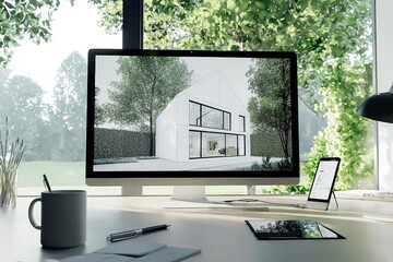 Concept of an architect house project, computer on white work desk showing CAD design, minimalistic living room interior design in background, illustration.