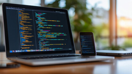 Wall Mural - a laptop and phone are on a desk, representing software development. the phone shows an app design, 