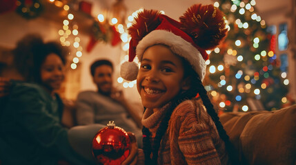 Wall Mural - Small girl with family sitting indoors celebrating Christmas together.