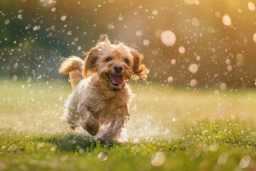 Cocker spaniel joyfully running through water in a sunny garden